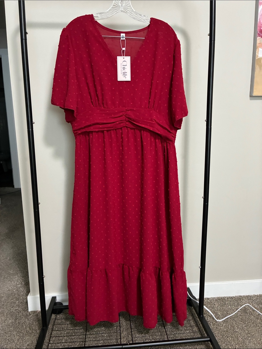Ruby Red Textured V-Neck Maxi Dress